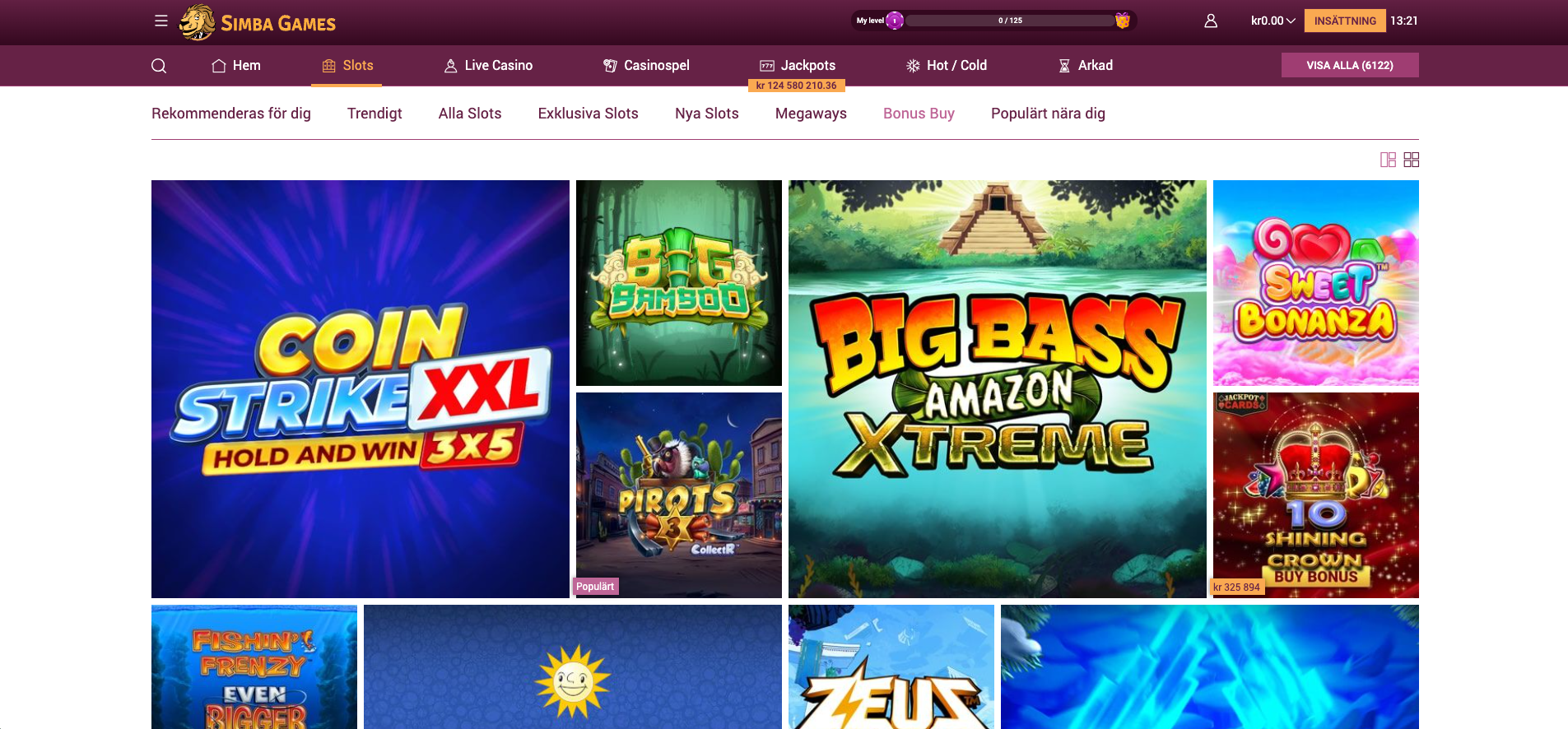 Simba Games Casino slotsida med Coin Strike XXL och Big Bass Amazon Xtreme