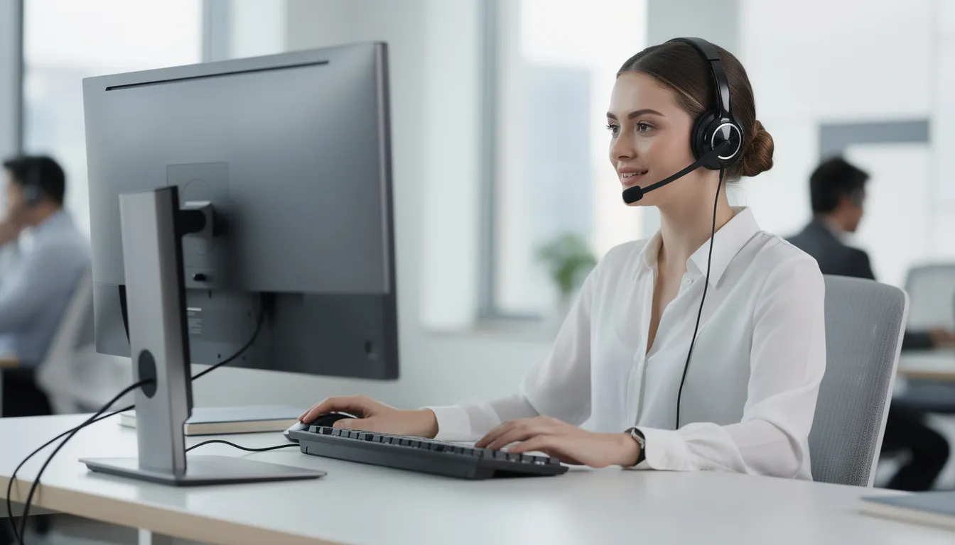 A customer service representative wearing a headset sits at a computer, ready to assist with inquiries related to payment methods and billing information for an Amazon account. They are prepared to provide quick solutions and respond directly to customer feedback regarding accepted payment options, including credit or debit cards and gift cards.