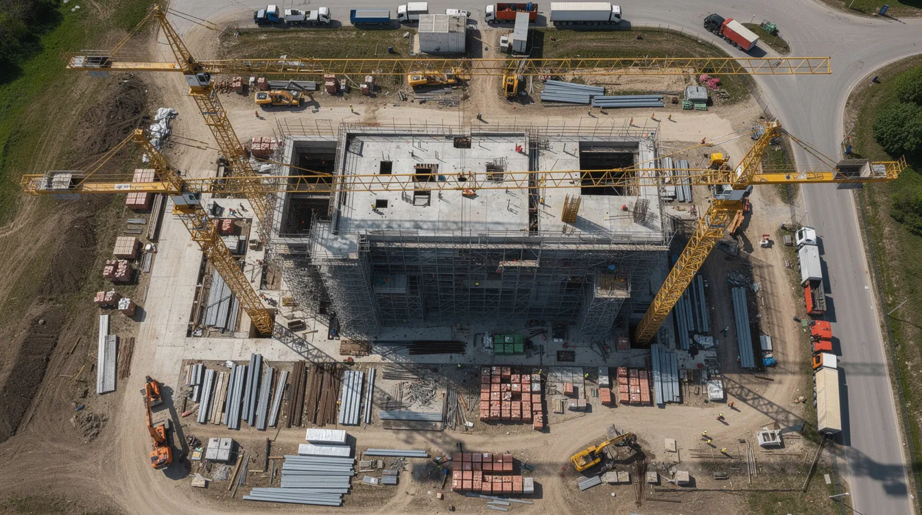 An aerial view of a commercial construction site showcases multiple cranes and scaffolding, illustrating the complexity of construction workflows. This image highlights the importance of construction safety, as safety professionals implement safety protocols to protect workers on active job sites.