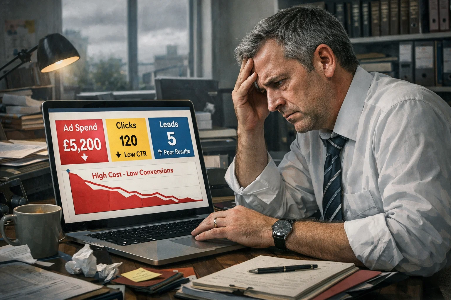 Lawyer reviewing underperforming PPC campaign with high ad spend