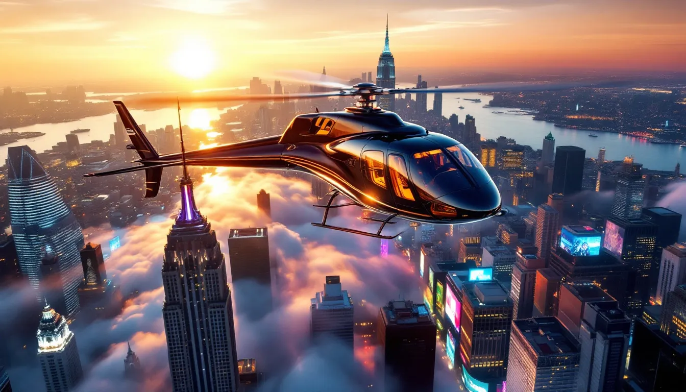 A helicopter flying over the iconic skyline of New York City, showcasing stunning views of the Big Apple.