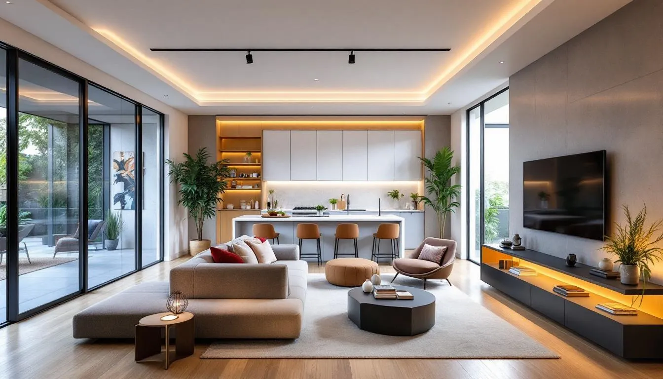 The image depicts an elegant interior featuring open concept living spaces with soaring ceilings, creating a warm and inviting ambiance. This truly extraordinary living space seamlessly connects the dining and living areas, offering a glimpse into the relaxed island atmosphere of Sanibel Island living.