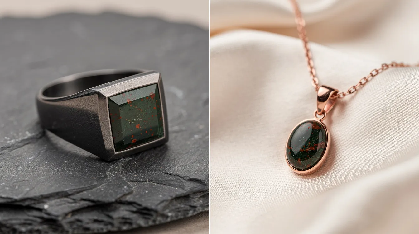 The image showcases a stunning collection of bloodstone jewelry, featuring a mix of rugged signet rings and elegant pendants, highlighting the gem's unique red spots against a dark green background. This versatile gemstone, known for its durability and distinctive character, is perfect for both everyday wear and special occasions.