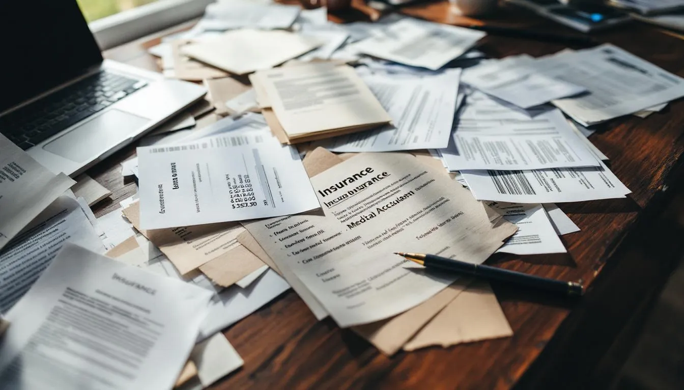 The image depicts a cluttered desk covered with insurance paperwork and medical bills, symbolizing the financial burden faced by car accident victims. This scene highlights the complexities of navigating insurance claims and medical expenses following a car accident, emphasizing the need for legal assistance from a car accident lawyer in Panama City.