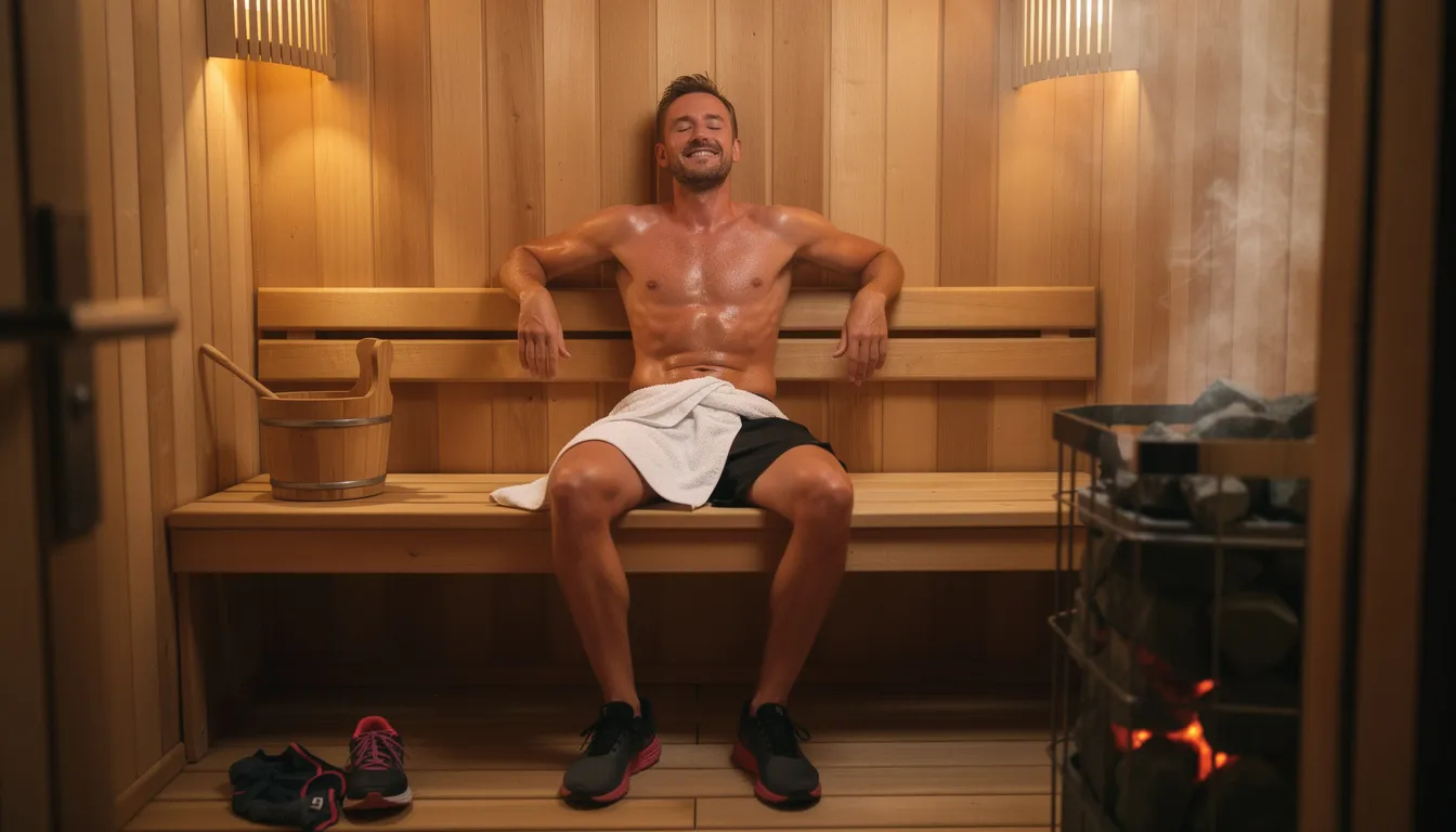 An athlete is seen relaxing in a traditional wooden sauna cabin after completing a high intensity interval training session. The warm infrared heat promotes relaxation and aids in recovery, enhancing blood circulation and providing numerous health benefits for the body.