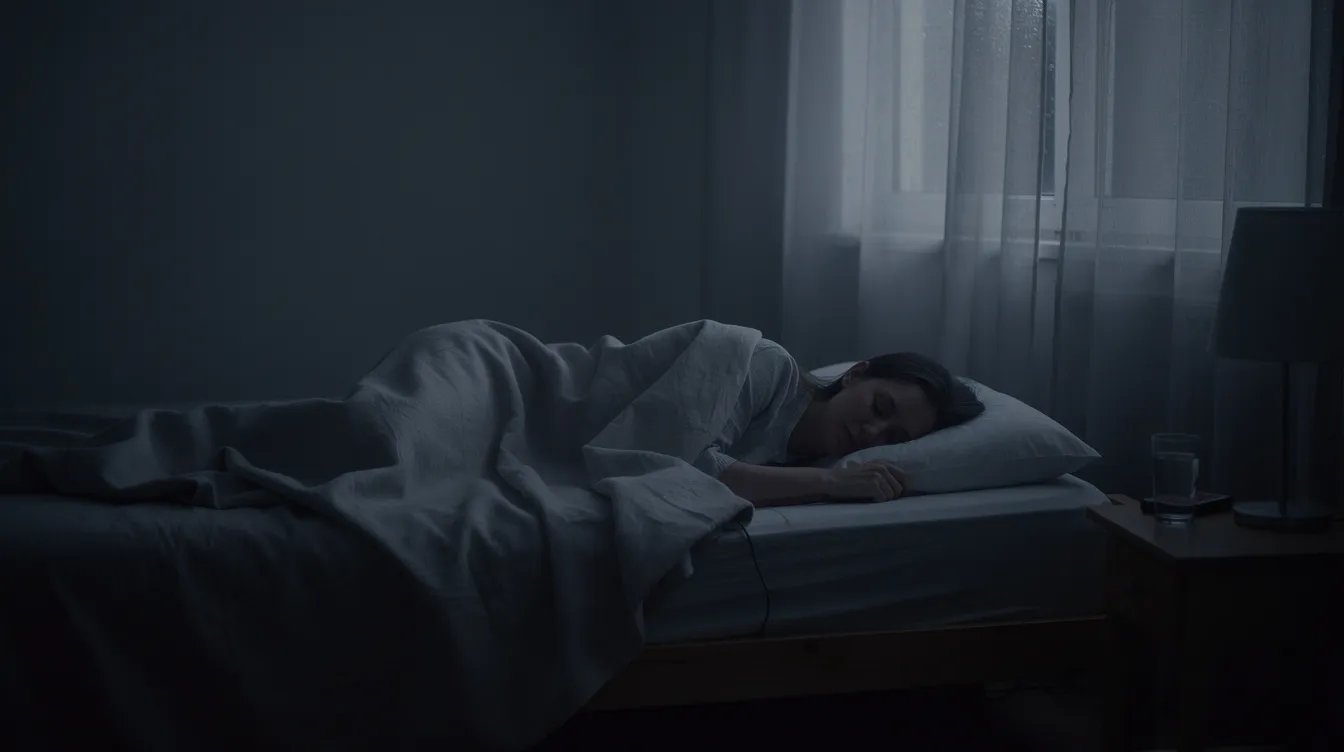 A person is sleeping peacefully in a dark, quiet bedroom, surrounded by minimal distractions, promoting a good night&rsquo;s sleep and optimal sleep quality. This serene environment supports their natural circadian rhythm, allowing them to fall asleep easily and wake up refreshed.