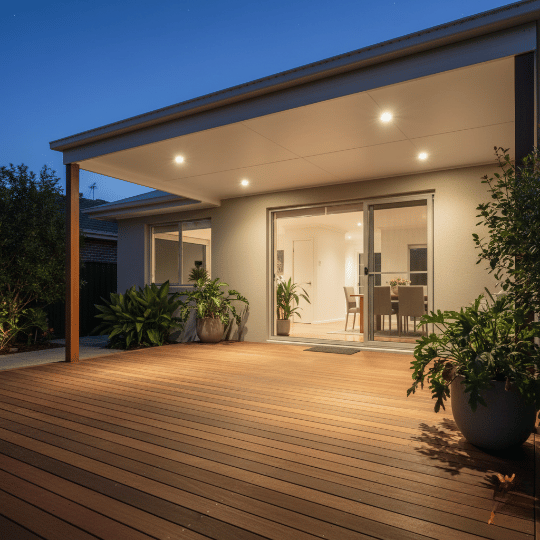 Recessed outdoor ceiling light fixtures installed under covered deck roof.
