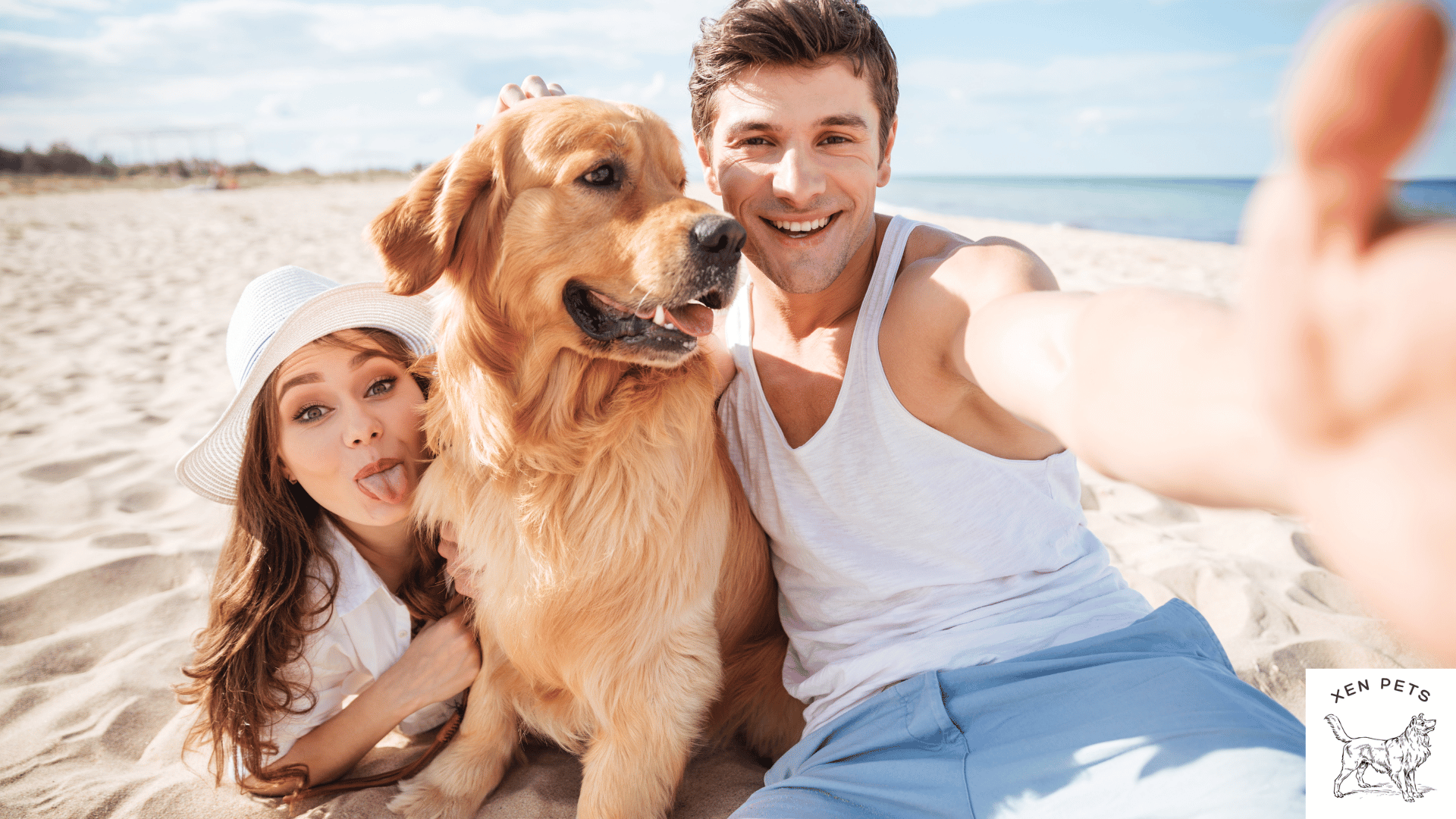 happy couple with a dog on the beach