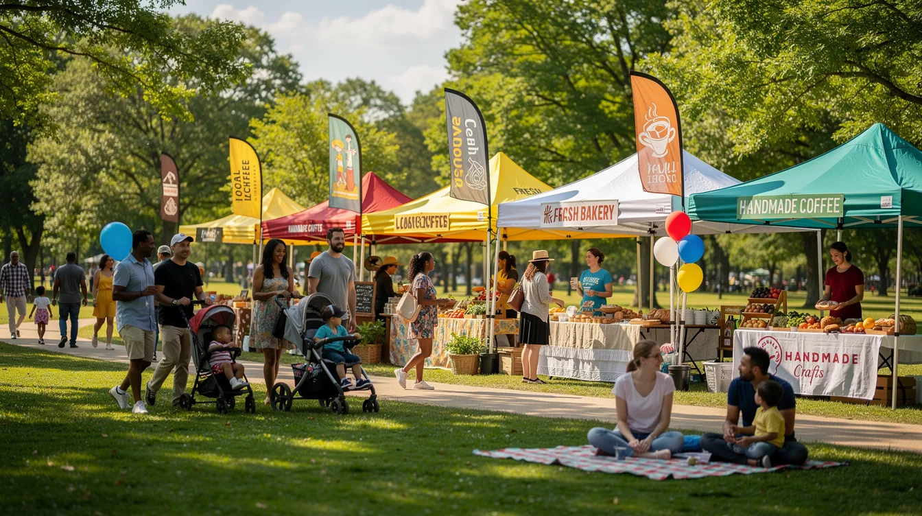The image depicts a vibrant local community event in a park, featuring colorful tents and families enjoying the day, while banners from various small businesses promote their services. This gathering highlights the importance of local SEO strategies for enhancing online visibility and attracting potential customers in Ocala, Florida.