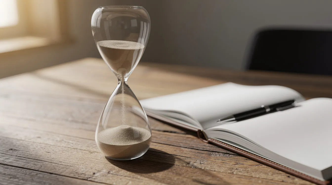 Une photo d'un sablier en bois posé sur un bureau, à côté d'un carnet ouvert, symbolise le temps qui passe lors des réunions de travail. Cet image évoque l'importance de la gestion du temps et de l'organisation pour améliorer l'efficacité des échanges au sein d'une équipe.
