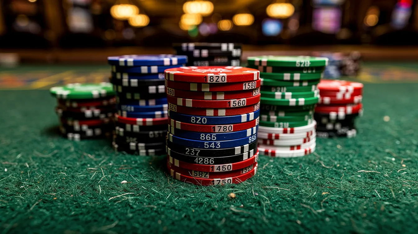 The image features a vibrant array of colorful casino chips stacked neatly on a green felt gaming table, creating an inviting atmosphere reminiscent of glory casino games. The scene captures the excitement of casino gaming, perfect for those looking to win big with various casino bonuses and promotions.