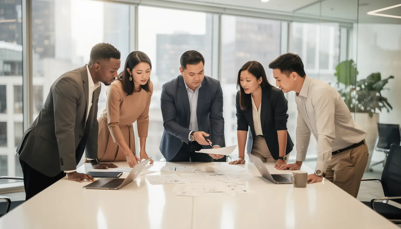The image depicts a diverse team of professionals collaborating in an office, examining documents together. They are engaged in a discussion that may involve topics like vacation pay entitlements and calculating vacation pay for employees.