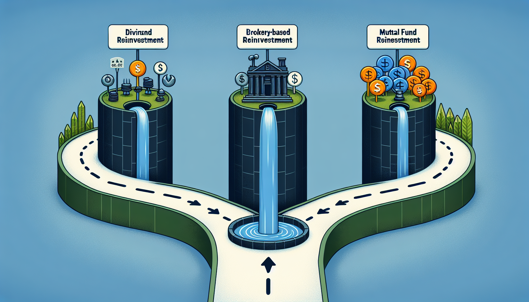 Illustration of three different types of dividend reinvestment: DRIPs, brokerage-based reinvestment, and mutual fund/ETF reinvestment.