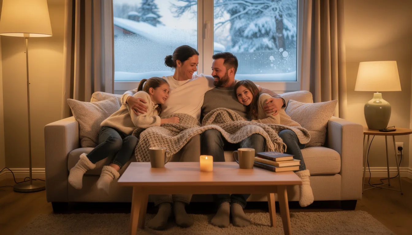 A family is sitting comfortably on a couch in a cozy living room, enjoying the warmth of their well-maintained furnace while snow gently falls outside the window. The scene reflects a peaceful winter day, highlighting the importance of regular furnace tune ups for optimal heating efficiency and indoor air quality.