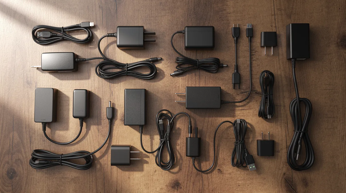 The image features a collection of black power supply adapters and cables neatly arranged on a wooden surface, showcasing essential components for retro console repair and maintenance. This setup highlights the importance of having the right electronics for the retro gaming community, particularly for popular systems like Nintendo and Sega.