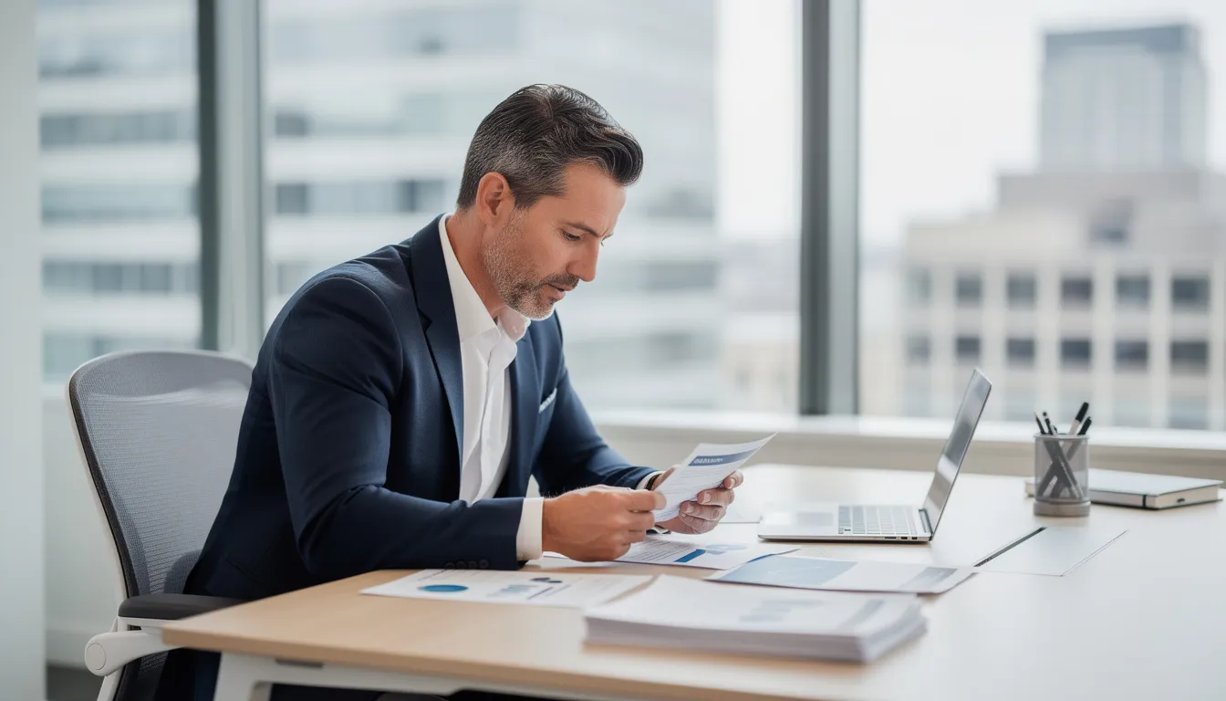 A professional man in his 40s is seated at a modern office desk, intently reviewing career documents that could facilitate a successful career change. He appears focused and determined as he navigates the challenges of transitioning into a new career, exploring job opportunities in high-demand fields.