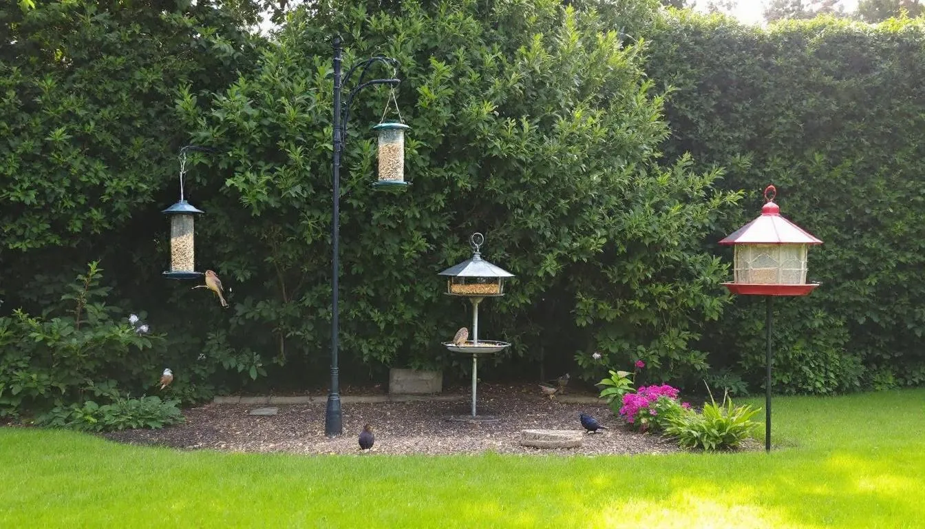 In a typical UK garden, multiple bird feeders are strategically placed near shrubs and hedges, designed to attract a variety of garden birds. This setup aims to provide healthy bird food options, ensuring that many bird species can enjoy the offerings while promoting healthy bird populations during the breeding season.