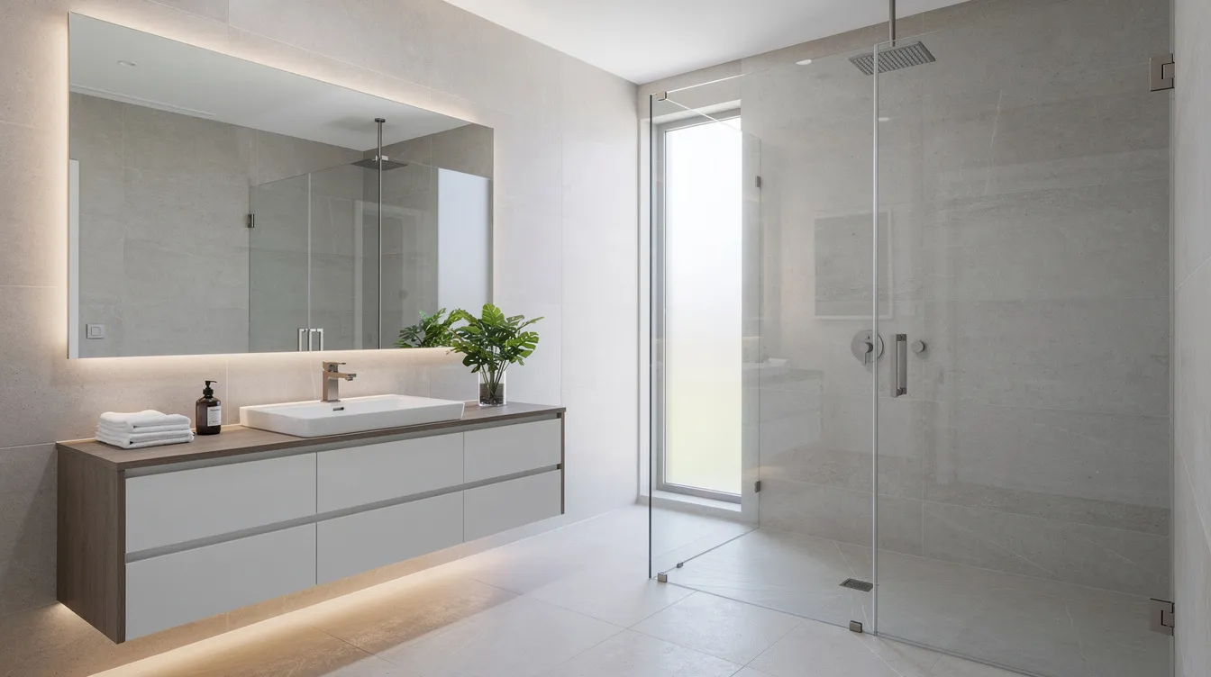 The image depicts a clean, neutral-toned master bathroom featuring a spacious walk-in shower and a modern bathroom vanity, showcasing a contemporary design ideal for a bathroom remodeling project. The overall aesthetic emphasizes quality materials and luxury fixtures, creating a serene and inviting space.