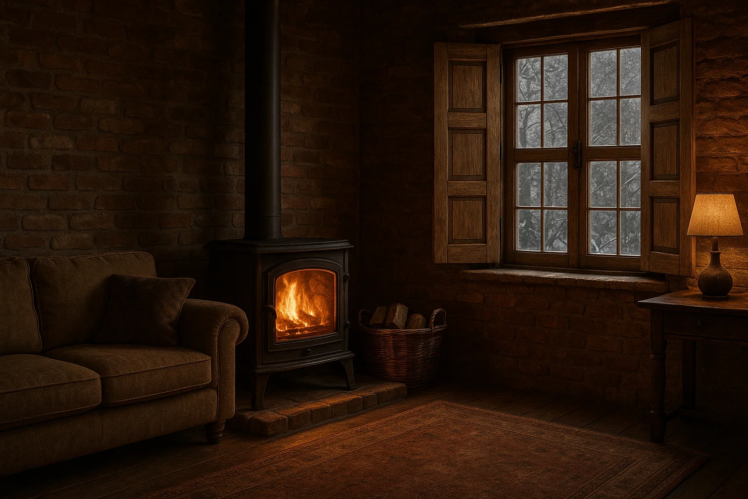 Wooden shutters keeping warmth inside a rustic living room in winter.