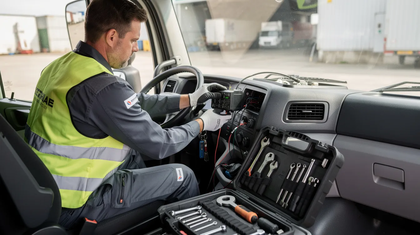 A professional technician is seen installing a small plug-in Nationwide telematics device in the dashboard of a commercial truck.