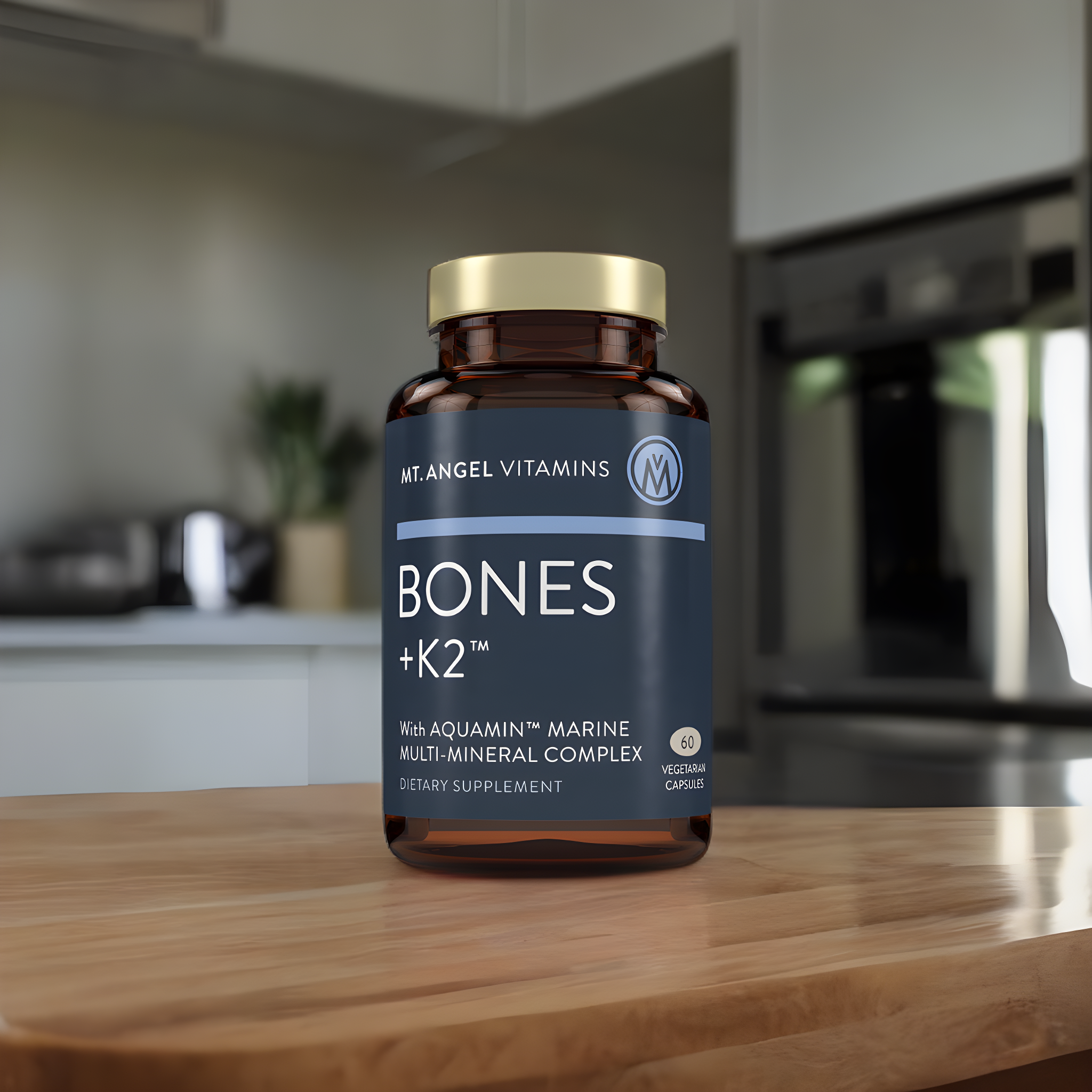 A bottle of the best magnesium supplement available sitting on a kitchen counter. 