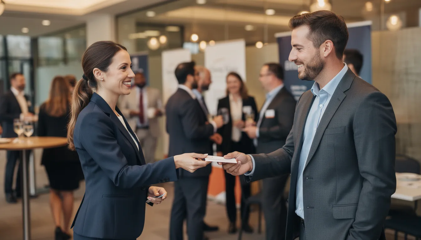 Two professionals are engaged in a conversation, exchanging business cards at a vibrant networking event in Miami, where entrepreneurs and creatives gather to build meaningful connections and explore new business opportunities. The atmosphere is filled with excitement as locals and visitors alike join to network and grow their professional lives.