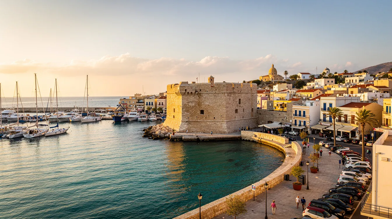 A imagem mostra a cidade de Heraklion, na ilha de Creta, Grécia, destacando sua arquitetura histórica e o clima mediterrâneo. É um destino rico em cultura e história, refletindo a antiga Grécia e suas influências na sociedade contemporânea.