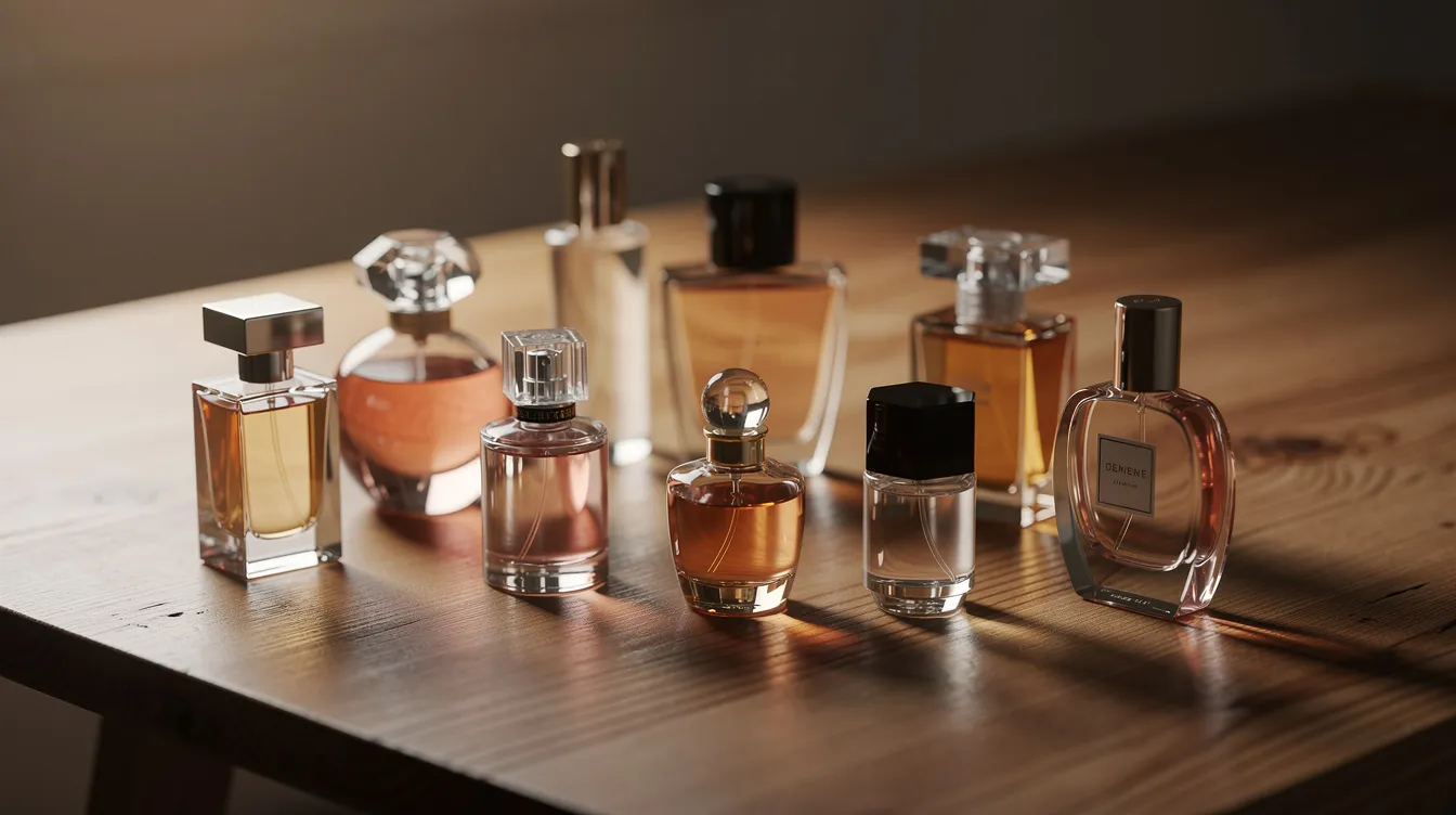 Auf einem Holztisch stehen verschiedene Parfumflakons in unterschiedlichen Größen, die durch Lichtreflexe schimmern. Die Flakons repräsentieren eine Vielzahl von Duftarten, darunter eau de parfum und eau de toilette, und zeigen die Vielfalt der Duftkonzentrationen und -varianten.