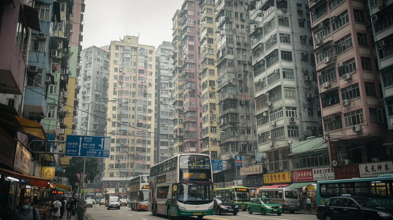 The image shows the exterior of a residential building in Hong Kong, surrounded by a bustling city street scene. The sleek architecture reflects modern urban living, with people walking by and vehicles passing, highlighting the vibrant atmosphere of the area.