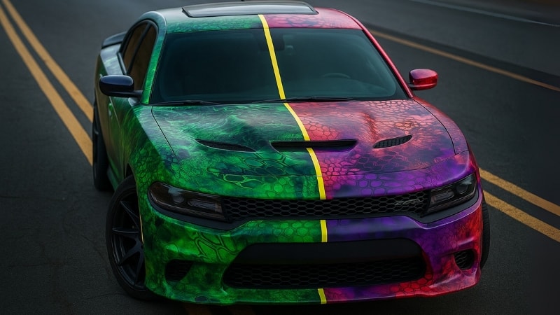 An SUV wrapped in split camouflage design