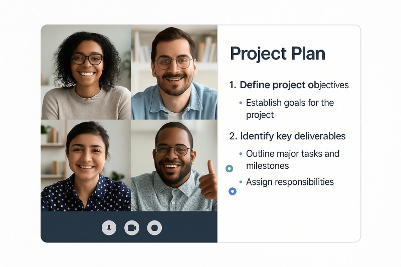 A virtual meeting interface with a 2x2 video grid showing four diverse team members smiling and collaborating. On the right side of the screen, a shared document titled "Project Plan" displays key objectives and deliverables being edited in real-time, with visible colored cursors. The interface features a clean, modern design with a white background and navy accents, evoking a professional, human-centered virtual audition environment.