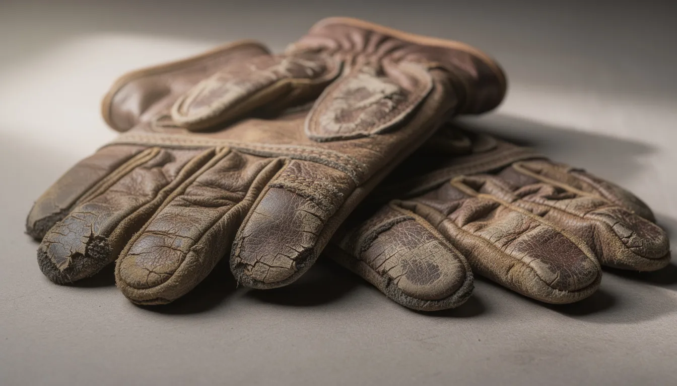 The image shows a pair of worn winter work gloves with visible wear on the fingertips and cracked leather, indicating they need replacement. These gloves are designed for cold weather protection but have lost their durability and warmth, making them less effective for outdoor jobs.