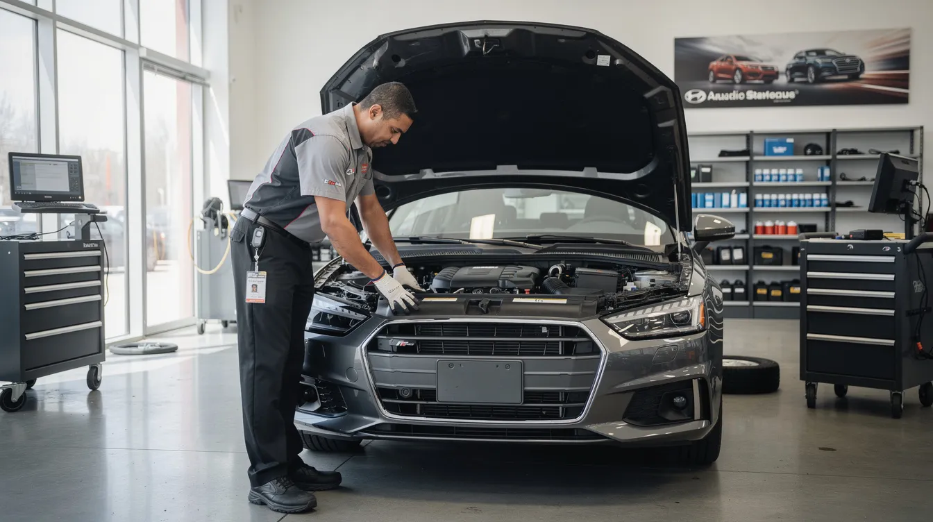 Un technicien effectue une inspection professionnelle d'une Audi A3 Sportback dans une concession automobile, vérifiant minutieusement sous le capot. L'environnement est bien éclairé, mettant en avant les détails du moteur et l'expertise du technicien.