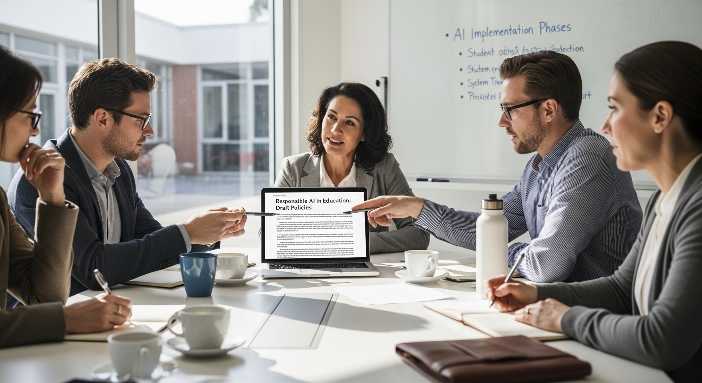 School leadership discussing responsible AI policies, student data protection, and system transparency