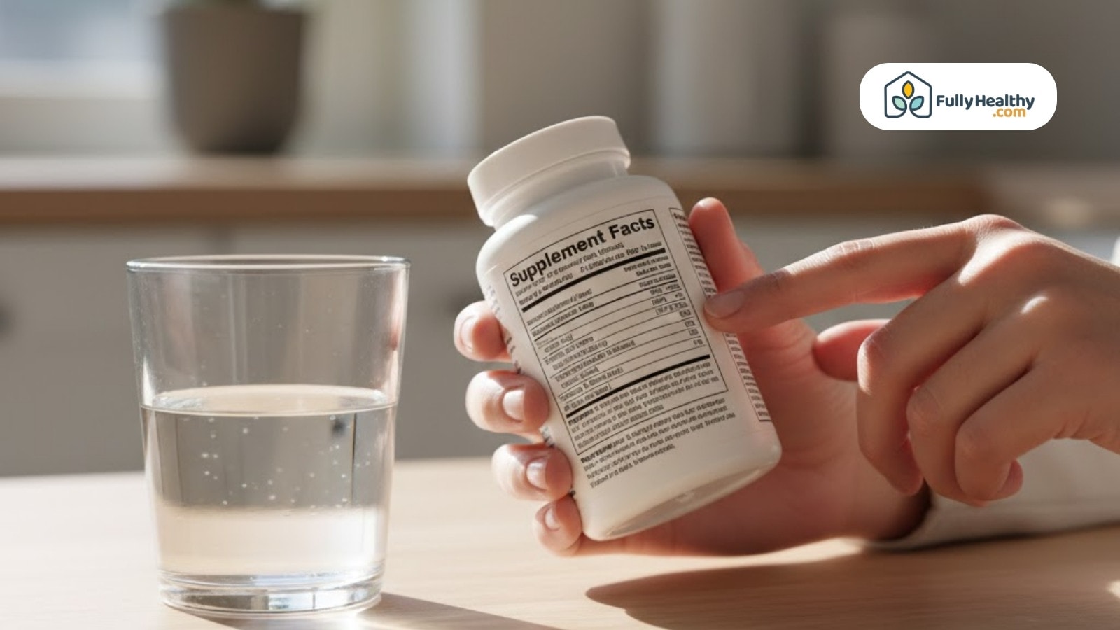 Hand pointing to supplement facts label beside glass of water