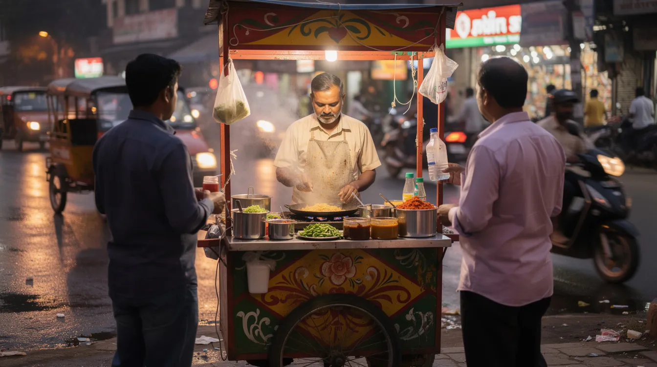 de481599 a227 4436 9f5a 1bda13be6b58 A vibrant street food vendor is serving customers at a colorful cart on a bustling Indian street, showcasing a variety of delicious snacks. This scene reflects the entrepreneurial spirit of small businesses, which often seek financial assistance through schemes like the Pradhan Mantri Mudra Yojana to grow and expand their operations.