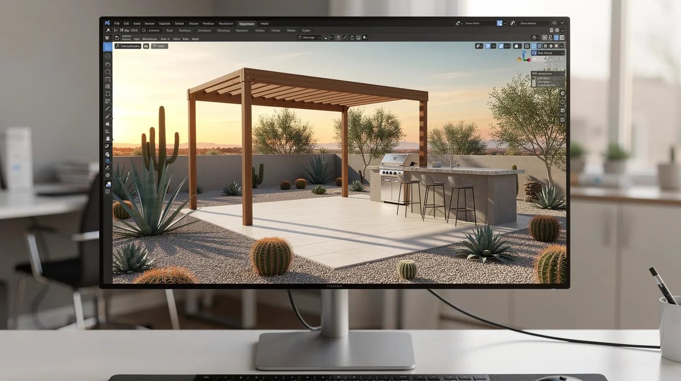 The image displays a computer screen showcasing a 3D rendered backyard design featuring a stylish pergola, an outdoor kitchen, and desert landscaping elements, perfect for outdoor living. This backyard design serves as inspiration for homeowners looking to create a functional and aesthetically pleasing outdoor space.