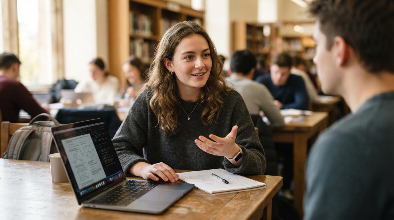 Professional photo of a university student thoughtfully explaining ideas while studying on a laptop.