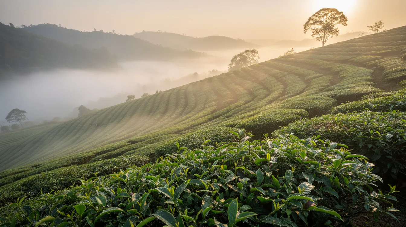 The image depicts a serene hillside covered in lush green tea plantations, shrouded in a gentle morning mist that adds a mystical quality to the landscape. This picturesque scene highlights the potential for profitable small business ideas in West Bengal, particularly in the agricultural sector, catering to the rising demand for quality tea.