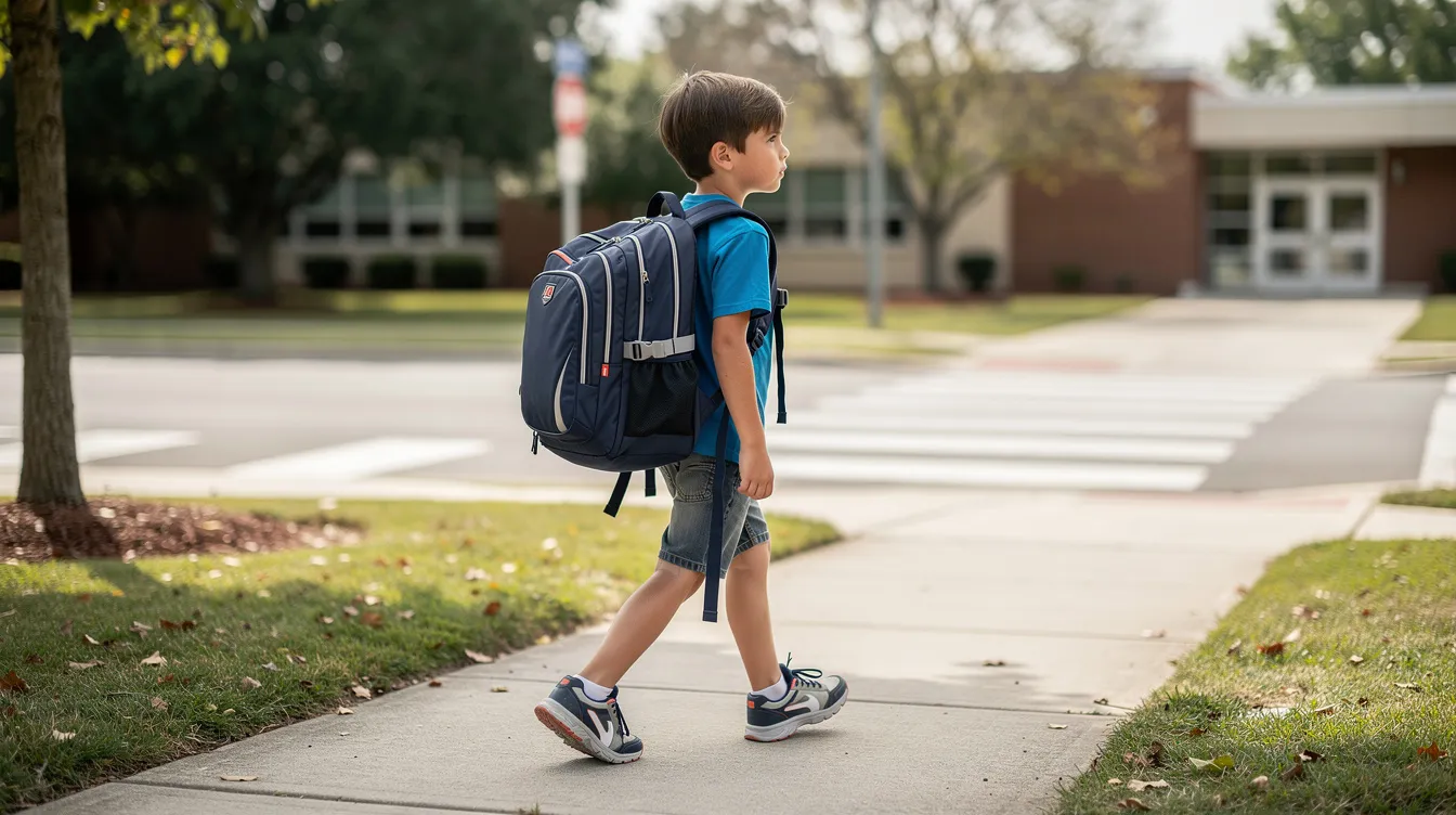 A child is walking to school with a properly fitted ergonomic backpack that features a visible chest strap, ensuring even weight distribution and comfort on their shoulders. The lightweight bag is designed for students, making it easy for kids to carry their books without strain.