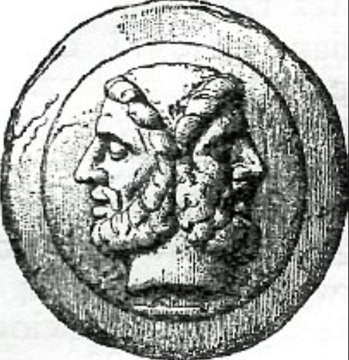 A picture of a Janus coin, a coin minted by the Romans to honor Janus