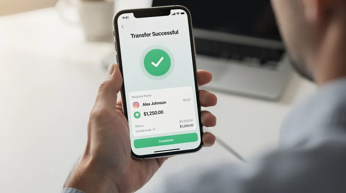 A person is holding a smartphone that displays a banking app with a money transfer confirmation on the screen, indicating a successful transaction. The image highlights the convenience of online loans and personal finance management through mobile technology.