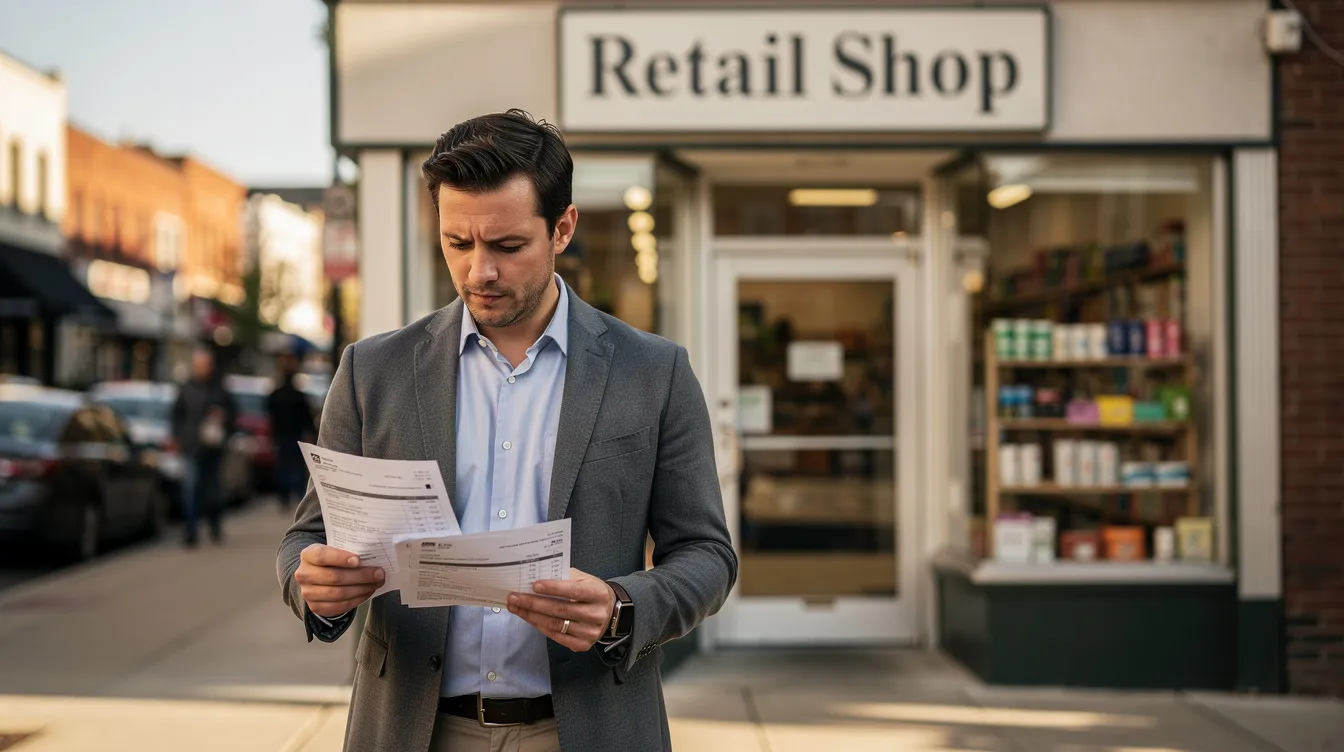 de50e031 1487 40fc b66c b0d749acab07 An entrepreneur stands in front of a small retail shop, reviewing paperwork that likely includes details about a mudra loan application. The scene reflects the importance of maintaining a good credit score and having a clear business plan to meet eligibility criteria for loan approval.