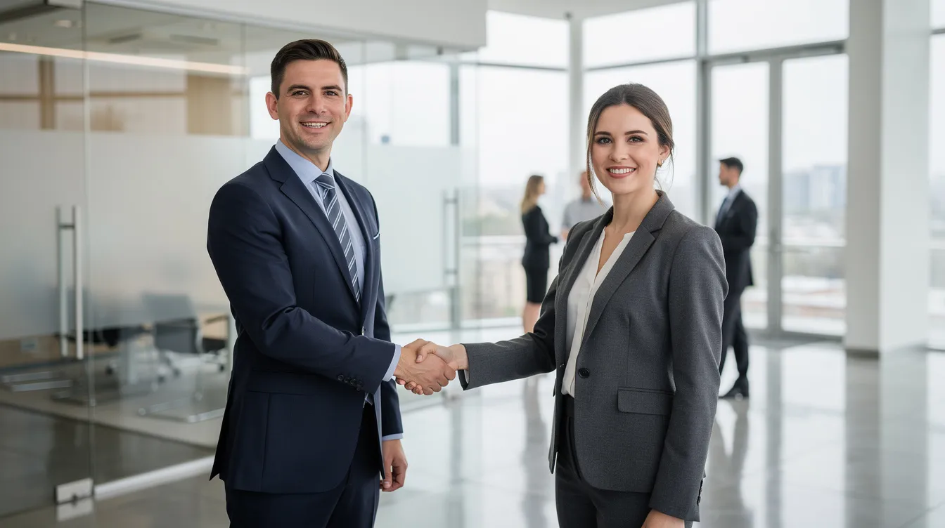 The image depicts two business professionals engaged in a handshake within a modern office setting, symbolizing collaboration and partnership in the dental industry. This interaction highlights the importance of effective dental billing services and practice management in enhancing patient care and improving operational efficiency.