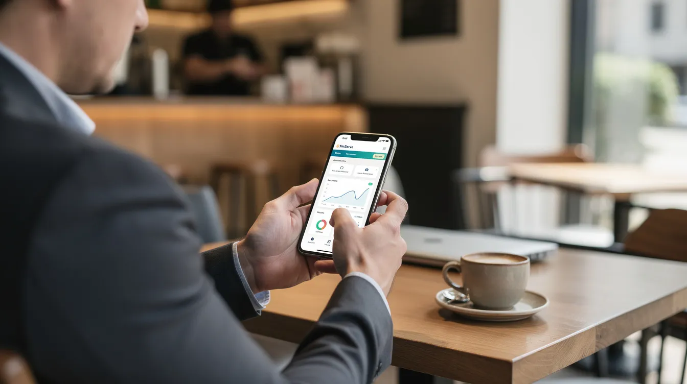 A person is seated at a coffee shop, intently browsing a financial services website on their smartphone, exploring options like 清 數 貸款 and 結餘 轉 戶 計劃 to manage their financial situation. The atmosphere is casual, with coffee cups on the table, while the individual focuses on understanding their options for personal loans and repayment plans.