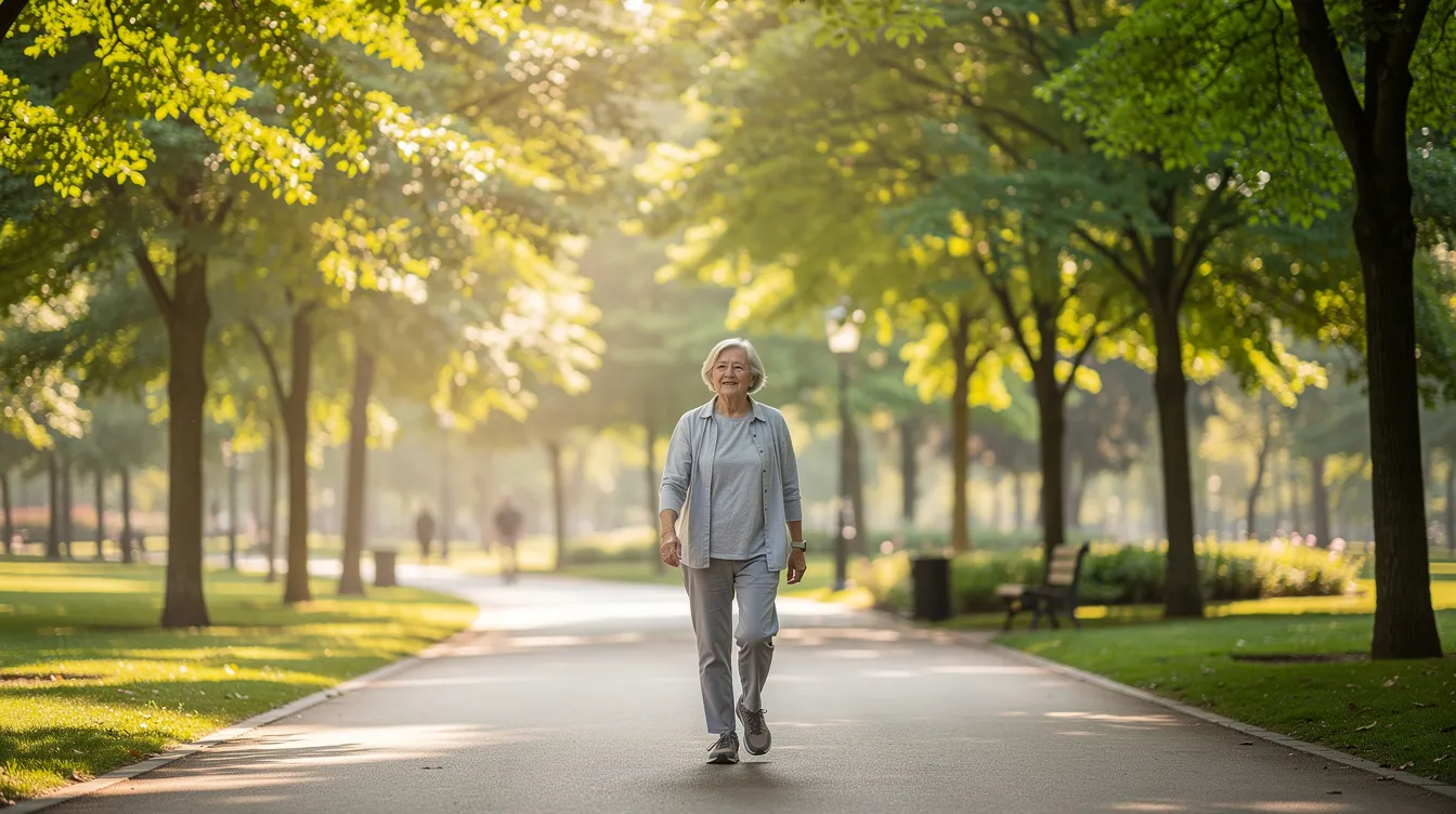 An elderly person is walking comfortably along a sunlit park path, surrounded by lush green trees, symbolizing an active lifestyle that supports joint health and eases joint pain. The scene reflects the importance of regular movement for older adults to maintain healthy joints and alleviate arthritis symptoms.