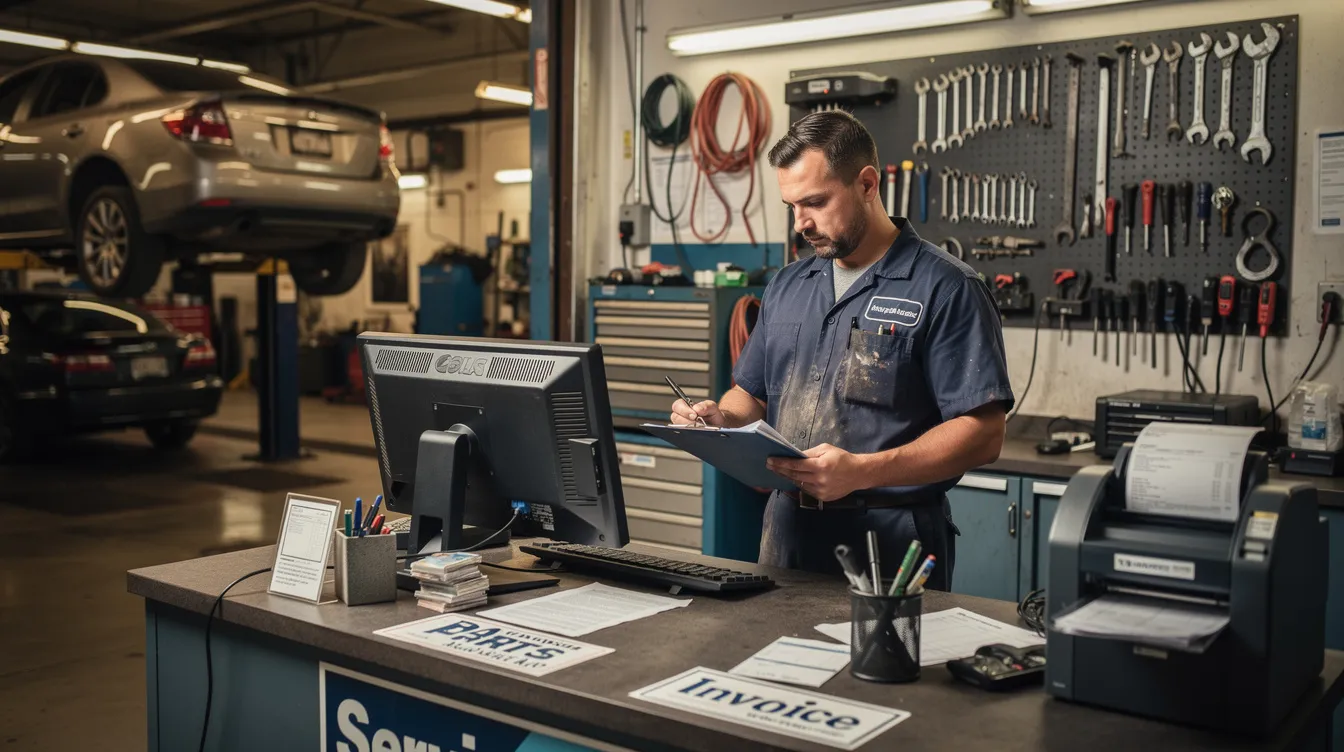 A mechanic is seated at a service desk in an auto repair shop, reviewing paperwork related to a certificate of insurance. The documents likely include important information about the insurance policy, such as coverage limits, policy expiration date, and details from the insurance company regarding liability insurance for the vehicles being serviced.