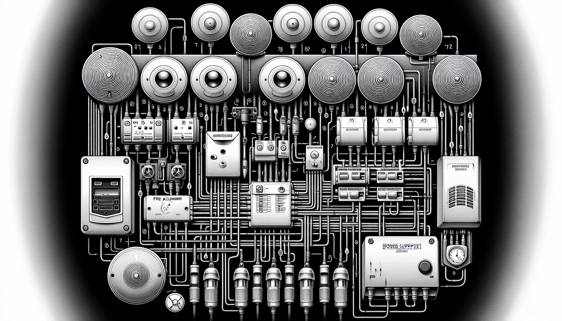 Illustration of a fire alarm control panel with various components