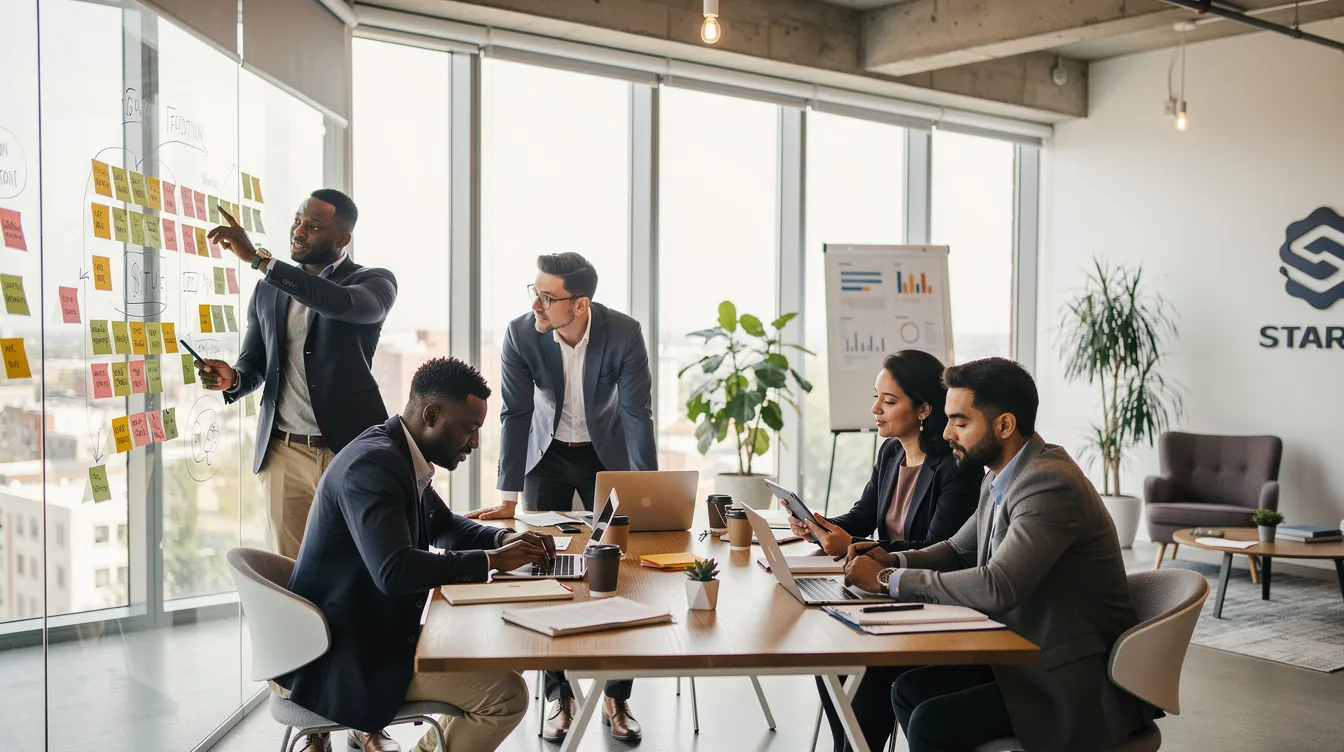 The image depicts a diverse group of business professionals collaborating in a bright and modern startup workspace, showcasing an environment conducive to innovation and teamwork. They are engaged in discussions that likely involve venture capital financing and strategic investments, reflecting the dynamic nature of emerging growth companies.