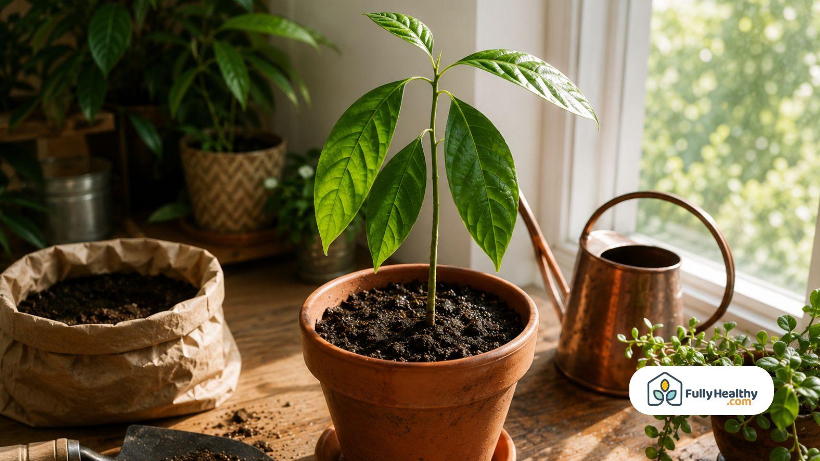 Young avocado plant growing indoors beside sunny window with potting soil